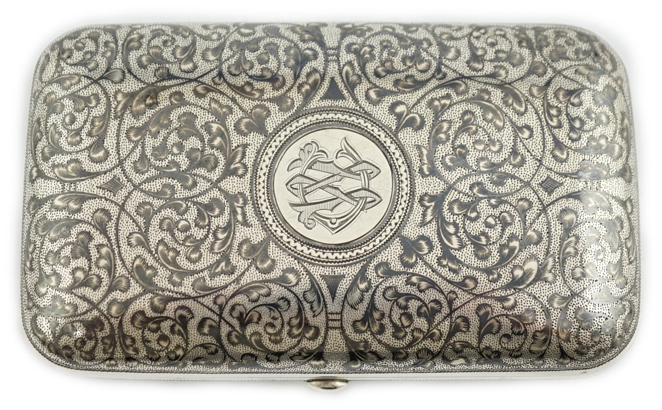 A late 19th century Russian 84 zolotnik silver and niello cigar case, master Gustav Klingert